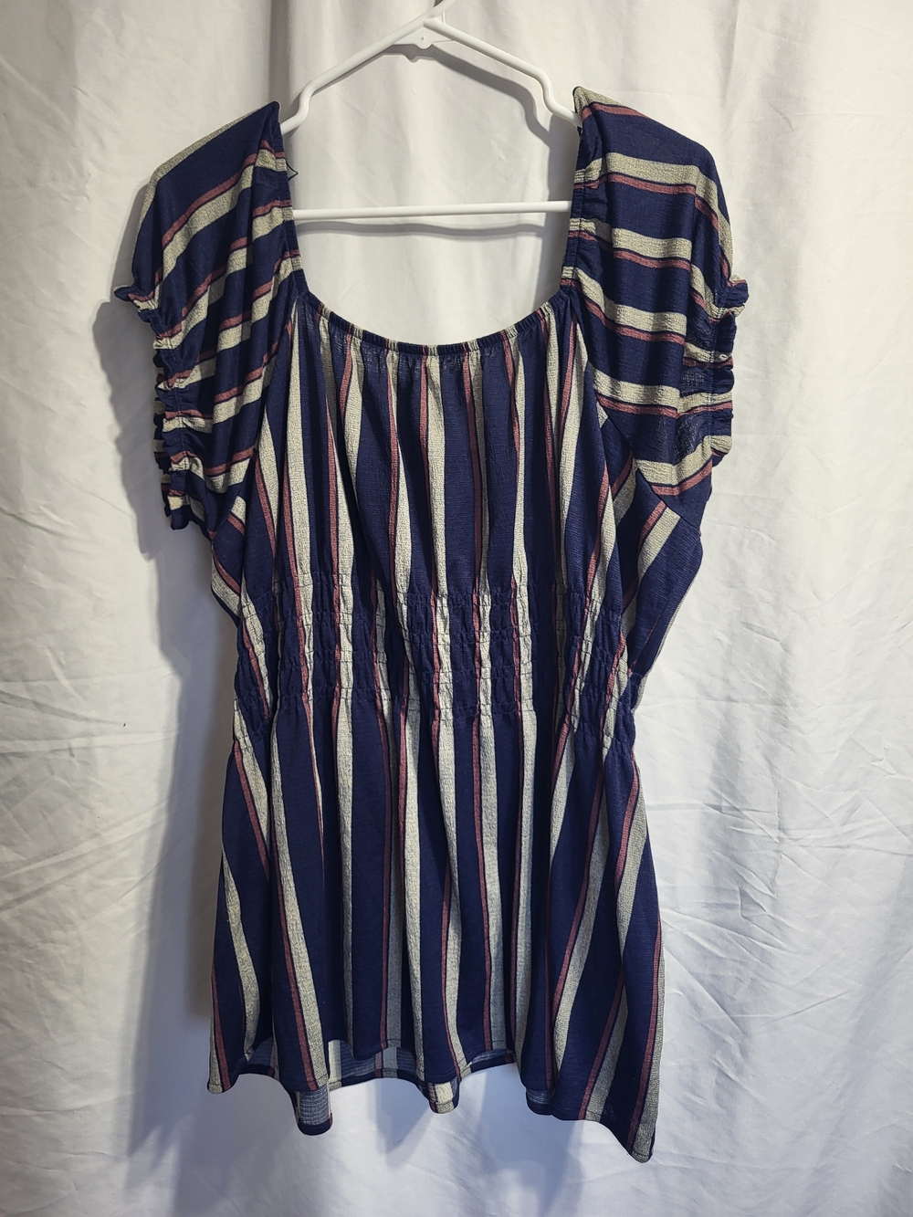 Striped Navy Peasant Top with Pink and Cream Accents, Size 3XL